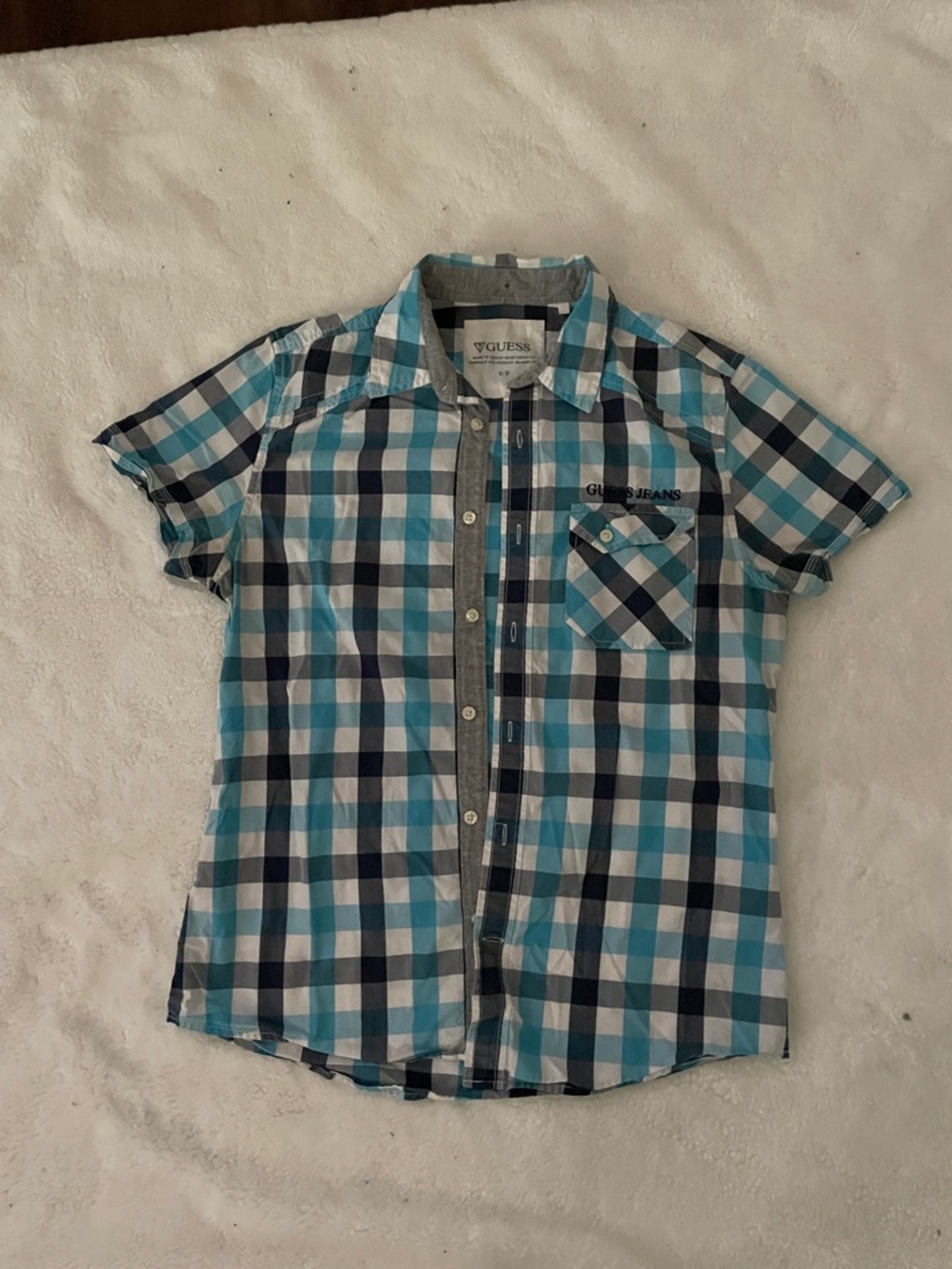 Guess Men’s Teal and Navy Plaid Short-Sleeve Shirt